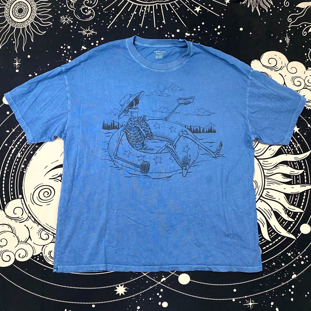 American Eagle Outfitters Skeleton On Pool Float T-Shirt Men's XXL Blue Cotton